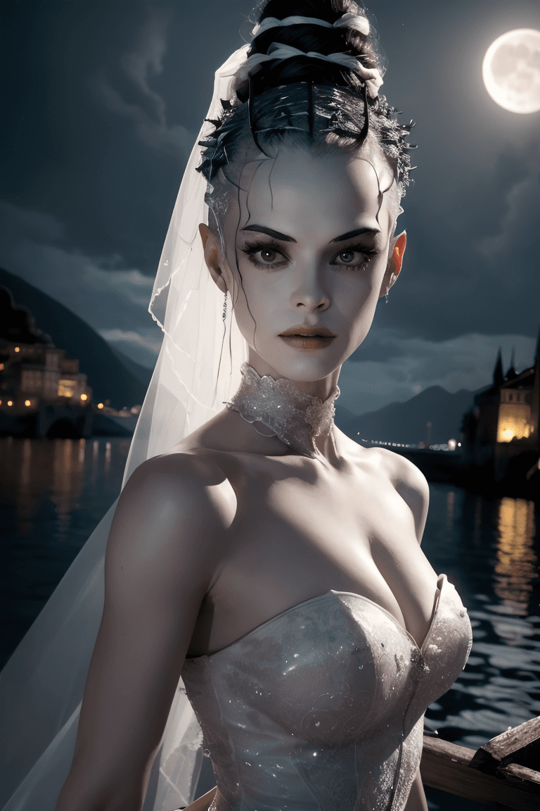 AI generated: (Bride of Frankenstein):1.5, night, moonlight, storm buffeted castle, lake como (((masterpiece:1 0))...