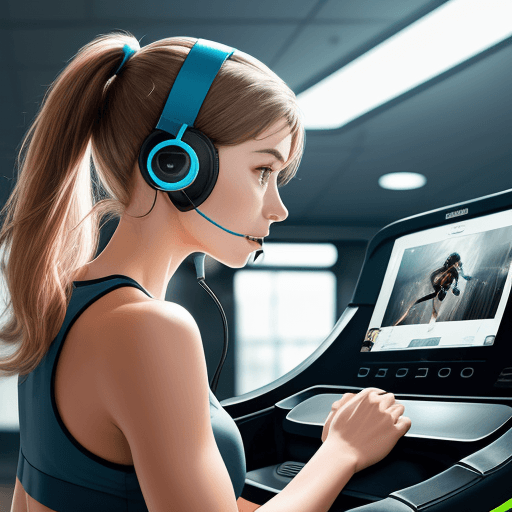 AI generated: A girl wearing a headset on a Treadmill