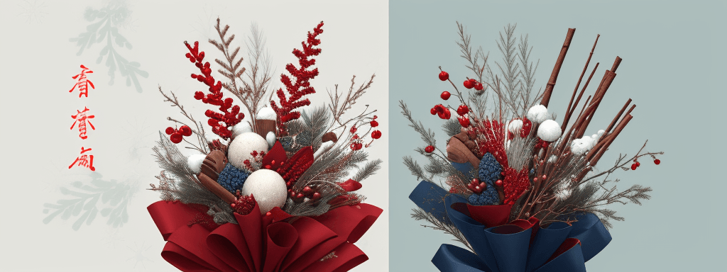 AI generated:  sky, branches, cones, red winter berries, cinnamon sticks, New Year's balls and spruce branches. Th...