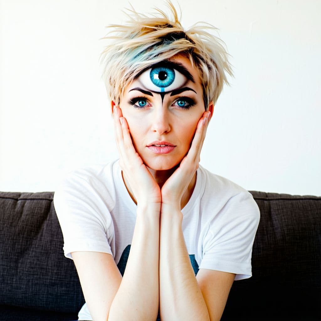 AI generated: fantasy art, woman, third eye in the middle of forehead , young, messy short blonde hair, blue eyes,...