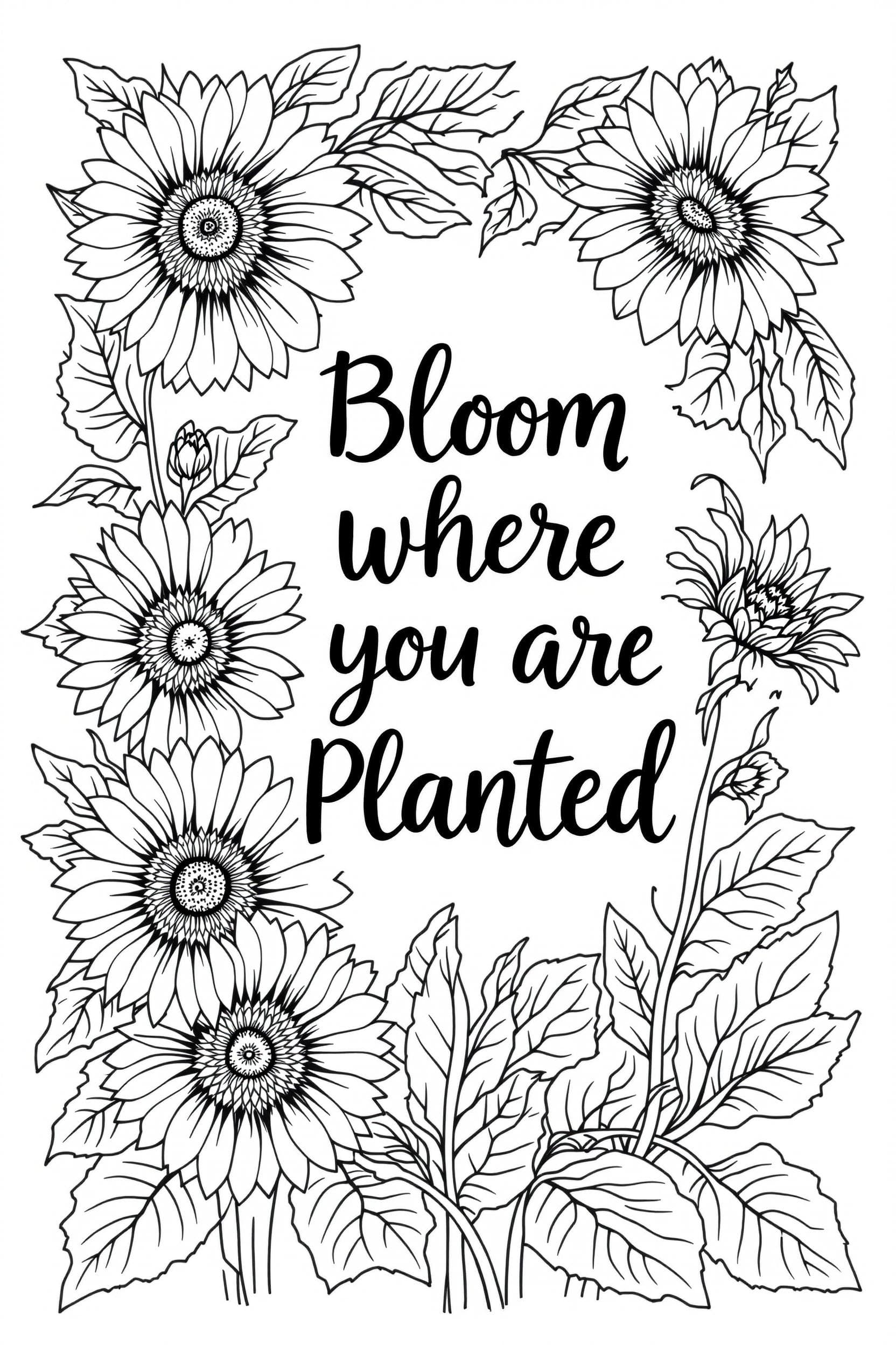 AI generated: "Black and white line drawing {"Generate a page with the quote 'Bloom Where You Are Planted' framed ...