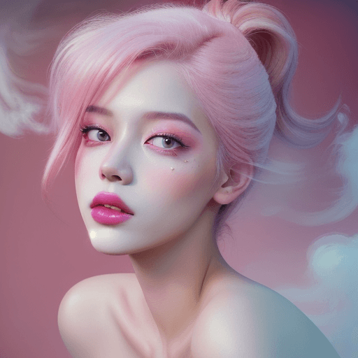 AI generated: portrait of a woman covered in cloud of smoke, whirlwind, pink highlight colors, pink make-up, hints...