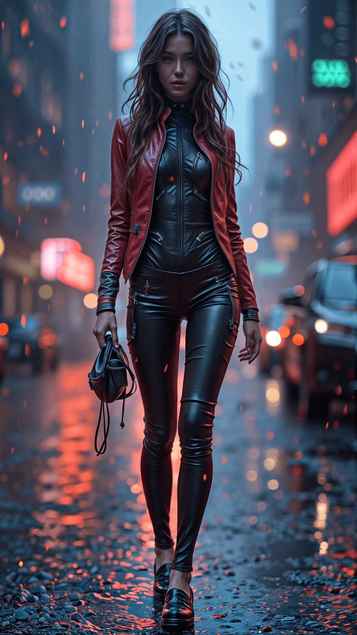 AI generated: In the image, a woman is seen walking on a city street at night. She is wearing a red leather jacket...
