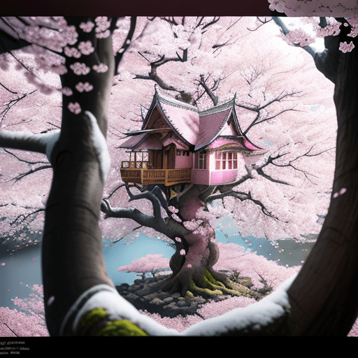 AI generated: THE CHERRY BLOSSOM TREE HOUSE    beautiful ornate treehouse in a gigantic pink cherry blossom tree  ...