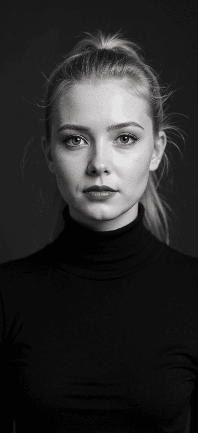AI generated: Headshot portrait of a young blonde woman with a ponytail, wearing a black turtleneck sweater, looki...