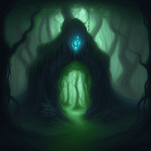 AI generated: Mystical Forest Encounter: A digital painting of an ancient forest where a mysterious figure, cloake...