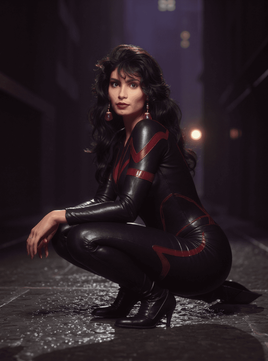 AI generated: full body image, bird's eye view, dramatic lighting, under a spotlight, in a big city alley, wearing...