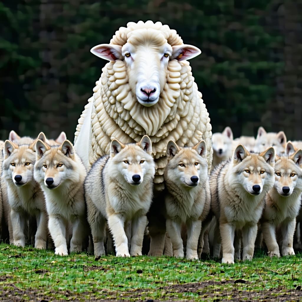 AI generated: a flock of wolves guarded by a very large and strong sheep, with wool wavy in the shape of muscles