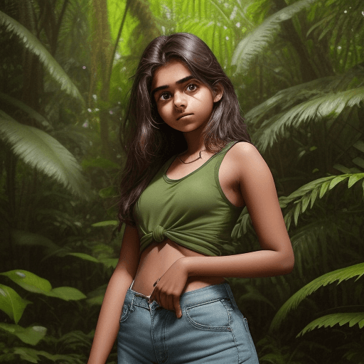 AI generated: A 17 year old Indian girl is posing in a natural trail in a jungle , she is wearing a loose green ta...