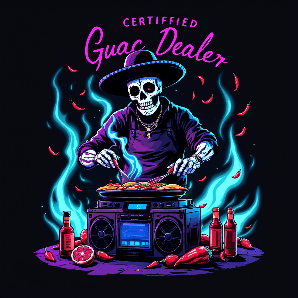AI generated: A sugar skull chef in streetwear grilling tacos on a tiny boom box grill, surrounded by floating chi...