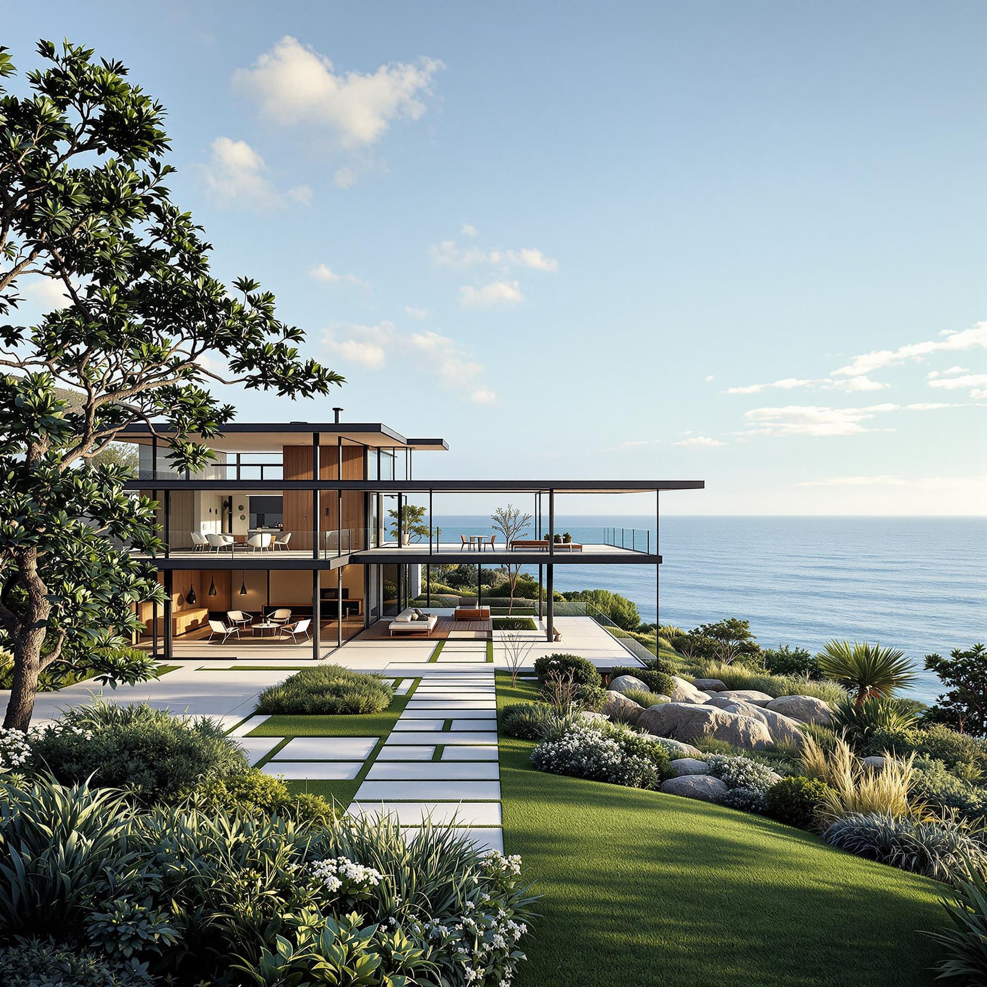 AI generated: Hyper realistic eye level exterior photo of a mid century modern style house overlooking the ocean, ...
