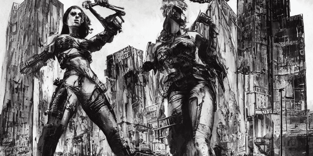 AI generated: High contrast artwork, brutalism, fierce woman in post-apocalyptic world. Dystopian cityscape, gritt...