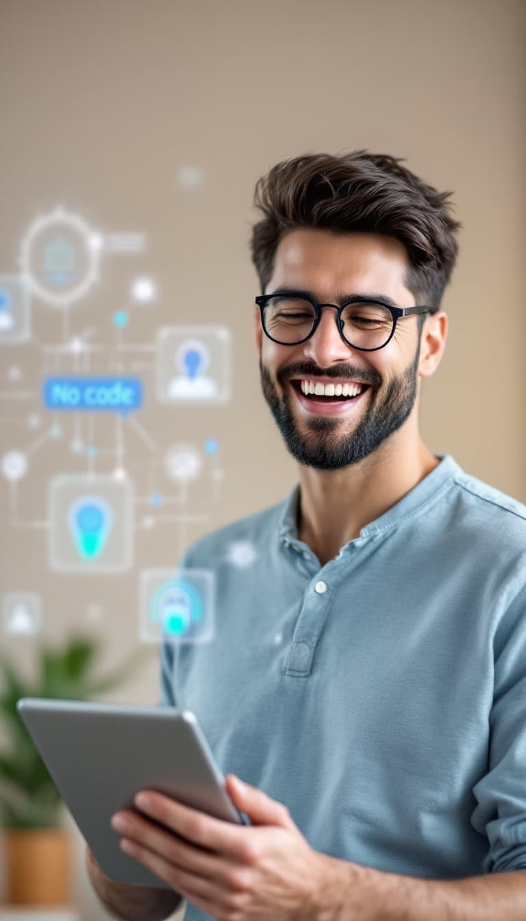 AI generated: Un entrepreneur souriant tenant une tablette affichant une application de No-code, avec des icônes d...