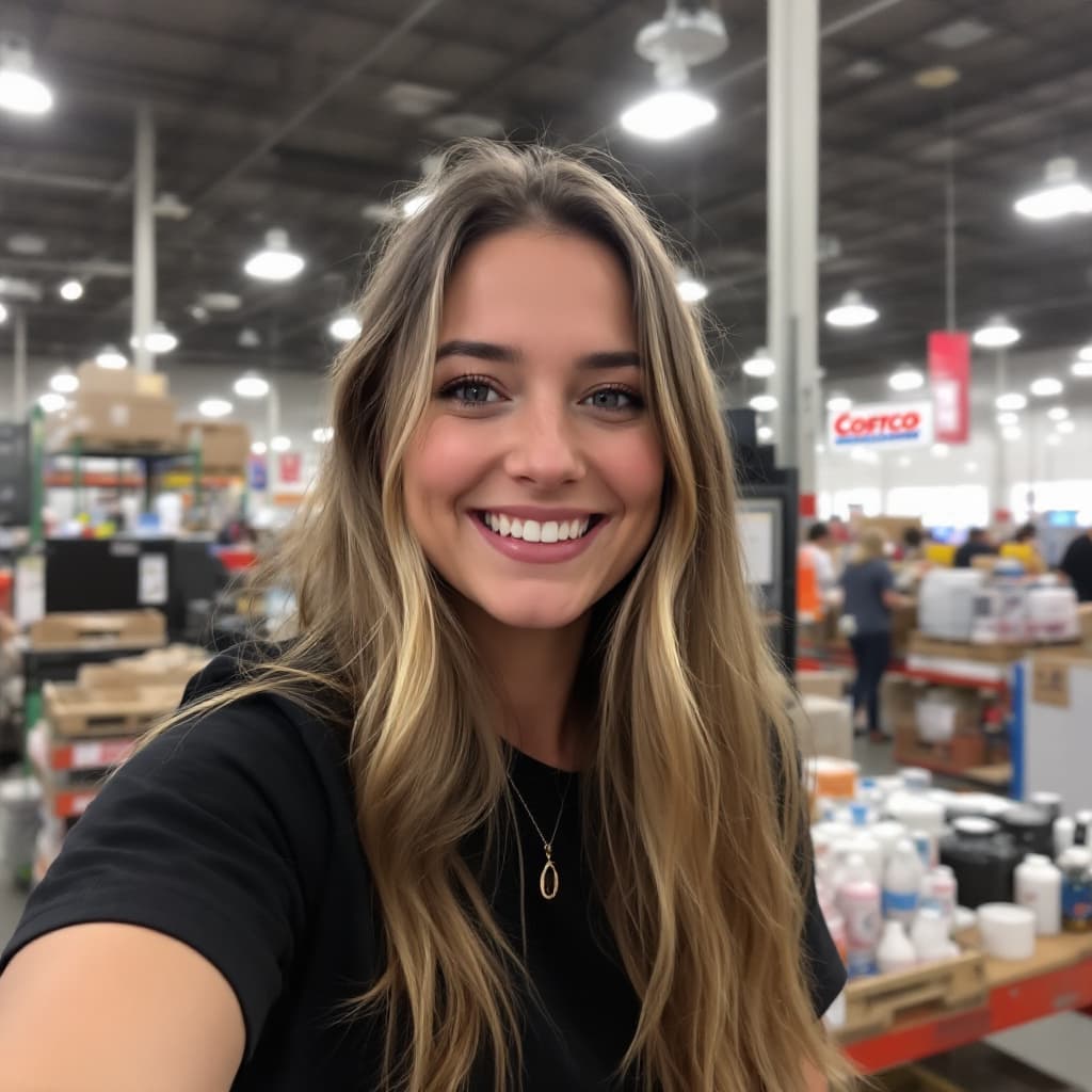 AI generated: A woman with long hair, wearing black t-shirt, in appears at camera, taking an instagram video while...