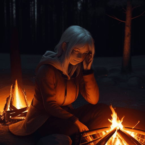 AI generated:  /imagine prompt: 3Danime, personality: Mary sitting by a campfire at night, the flames casting a wa...