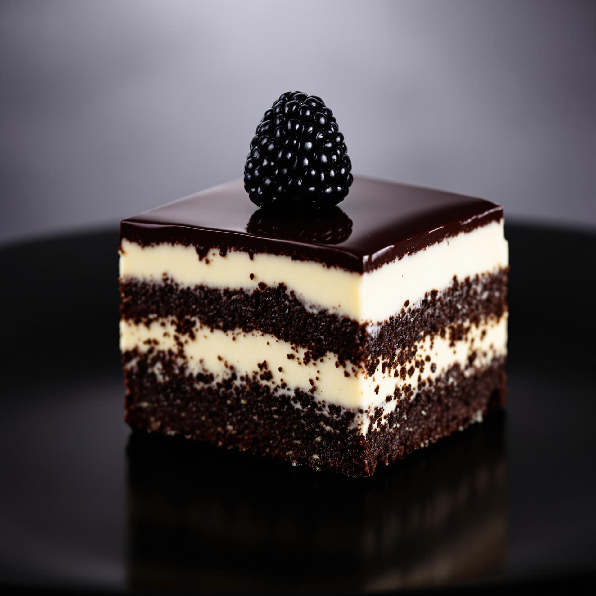 AI generated: The image features a square piece of layered dessert, prominently displayed against a dark, blurred ...