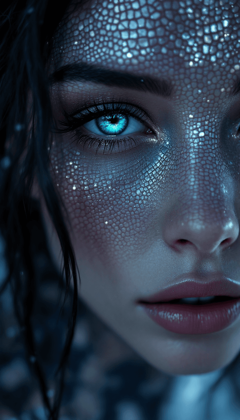 AI generated: Hyperrealistic portrait of a woman with reptilian skin texture on her face and neck, cinematic 85mm ...
