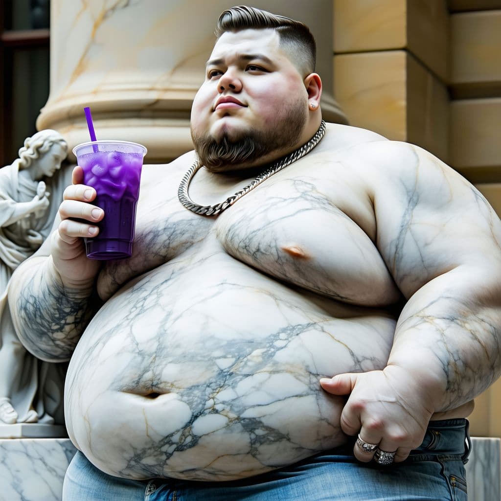 AI generated: fattest obese american rapper in the world without a beard and with short hair, holding a purple dri...
