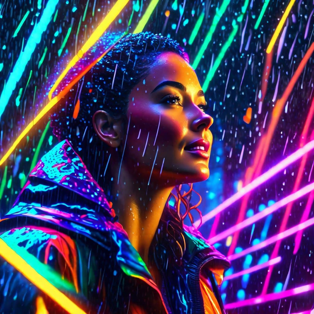 AI generated: A a closeup of a woman that runs through the rain in a neon lit forest, vibrant array of colors, 198...