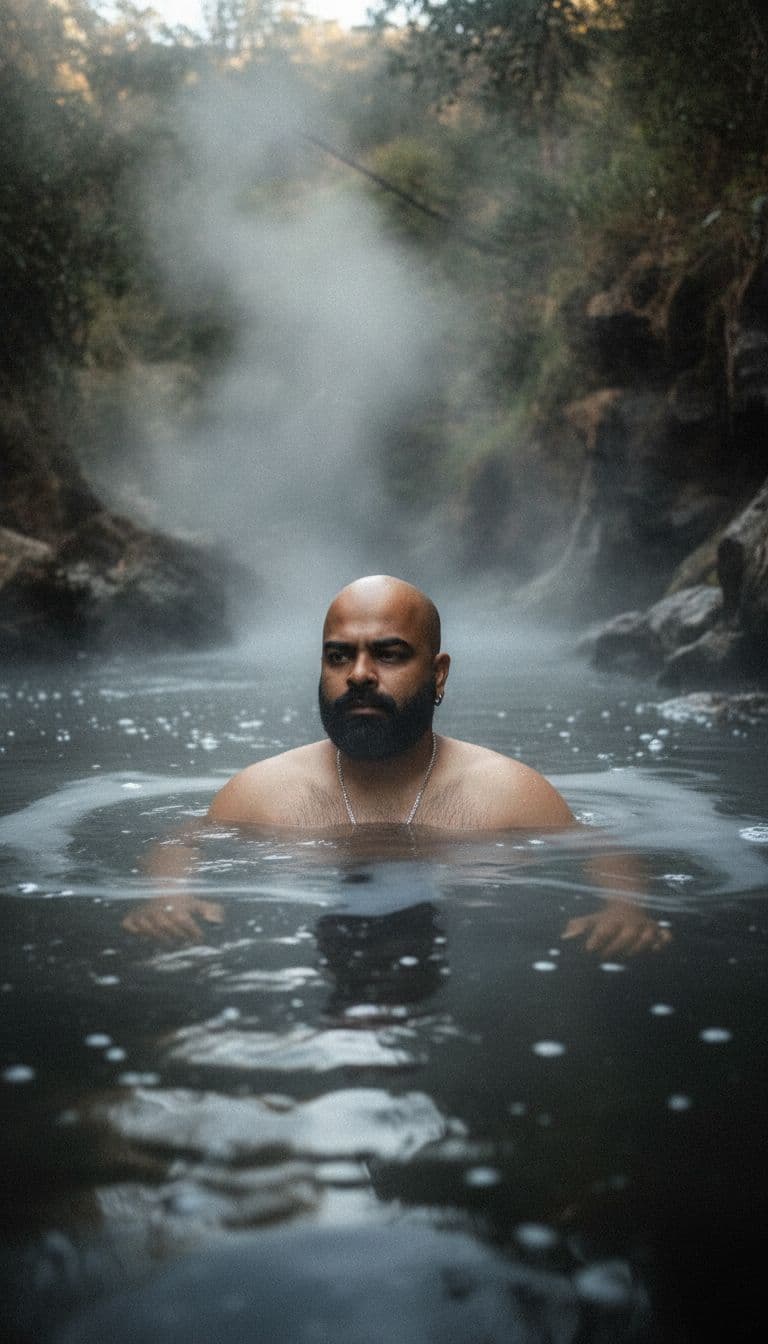 AI generated: hot spring in  a wild river flow, steam rises from the water, A handsome, stylish young man with a l...