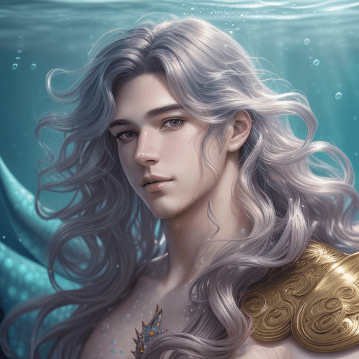 AI generated: a handsome, beautiful merman, wavy hair, anime, beautiful face, portrait, soft lighting, blur, flare...