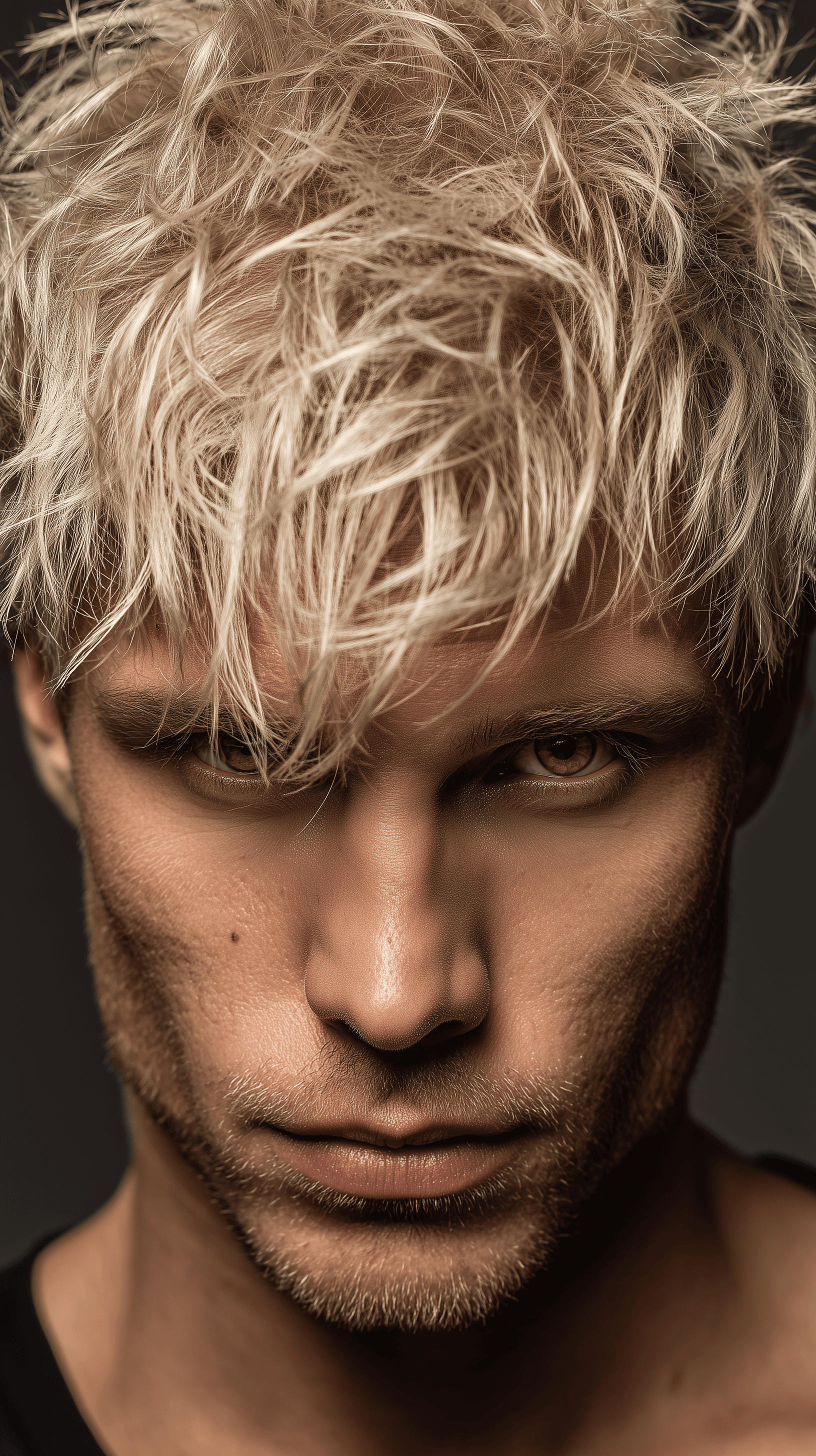 AI generated: professional studio photography, front composition, close-up of a man, edgy spiky hair style, froste...