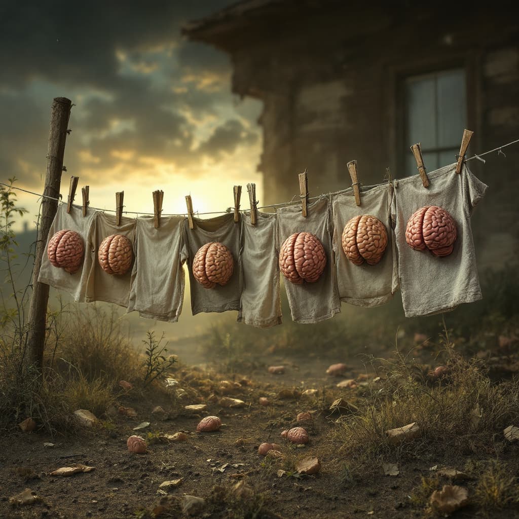 AI generated: Hyper realistic photo -- we've been brainwashed, several brains have been hung out to dry like laund...