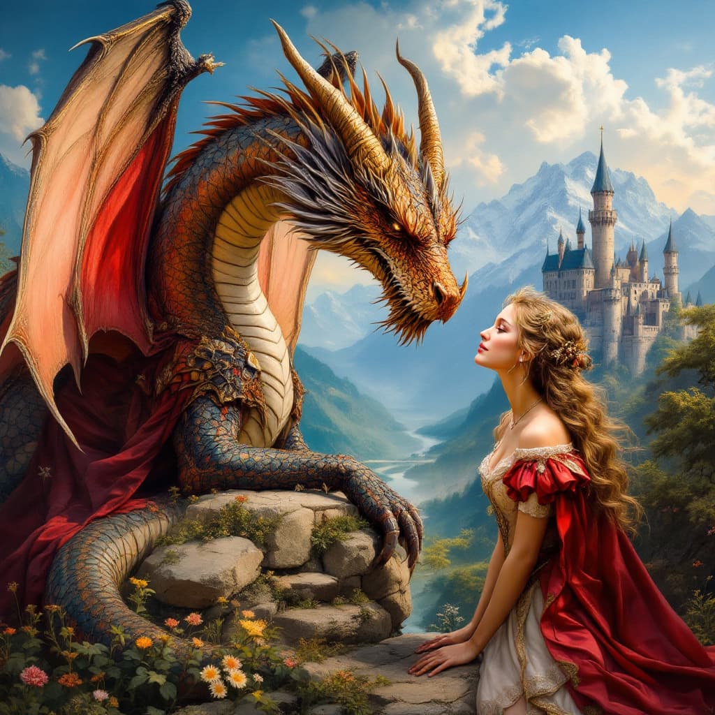 AI generated: The fine art depicts a dragon and a princess who tenderly leans towards the dragon, with a medieval ...
