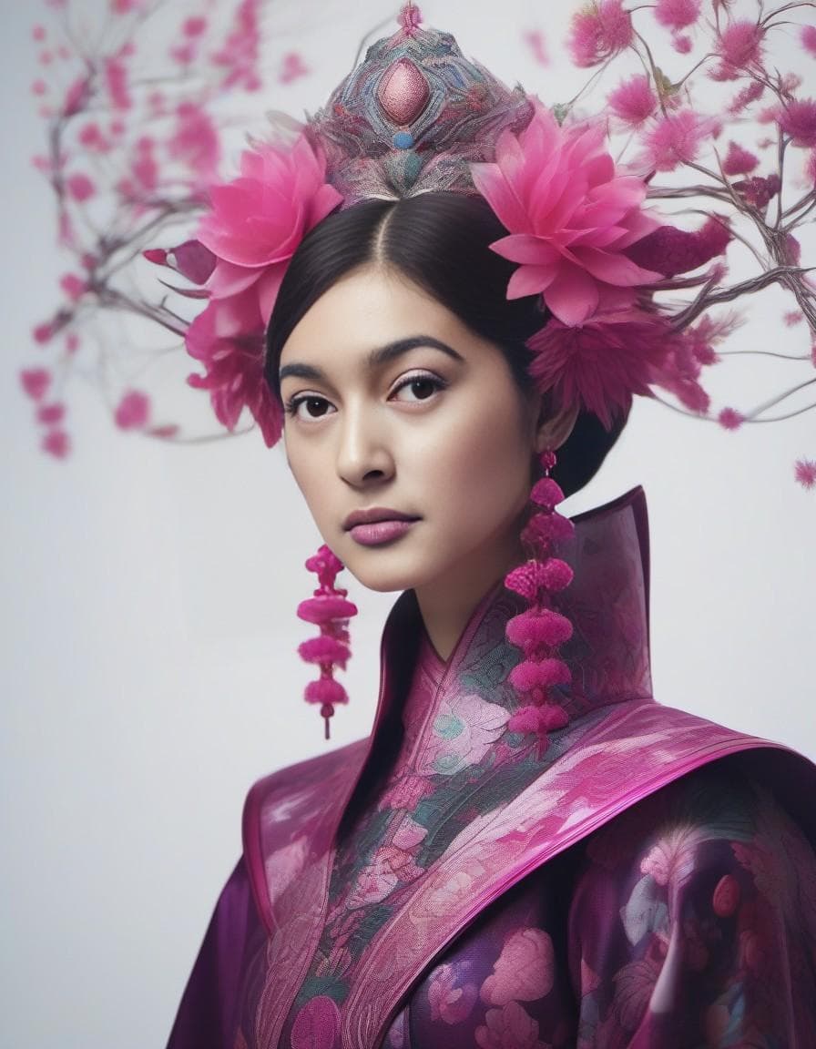 AI generated: a woman wearing floral decorations on her head to, in the style of futuristic art, dark white and ma...