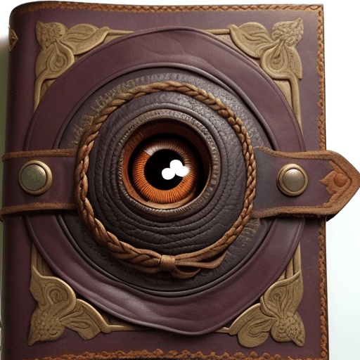 AI generated: An old leather bound book with an eyeball in the middle of a braided leather binding. In the style o...