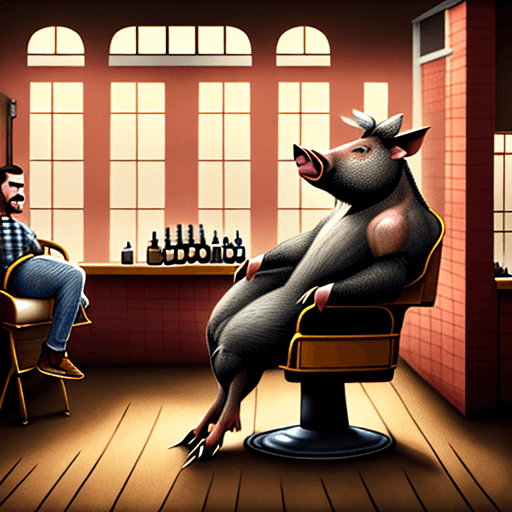 AI generated: Boar sitting as a human in a chair in a barbershop, barber cuts his hair, vintage setting, soft ligh...