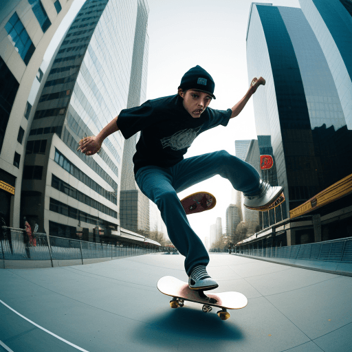 AI generated: photography, dynamic range, in the city, ollie motion with professional man skateboarder