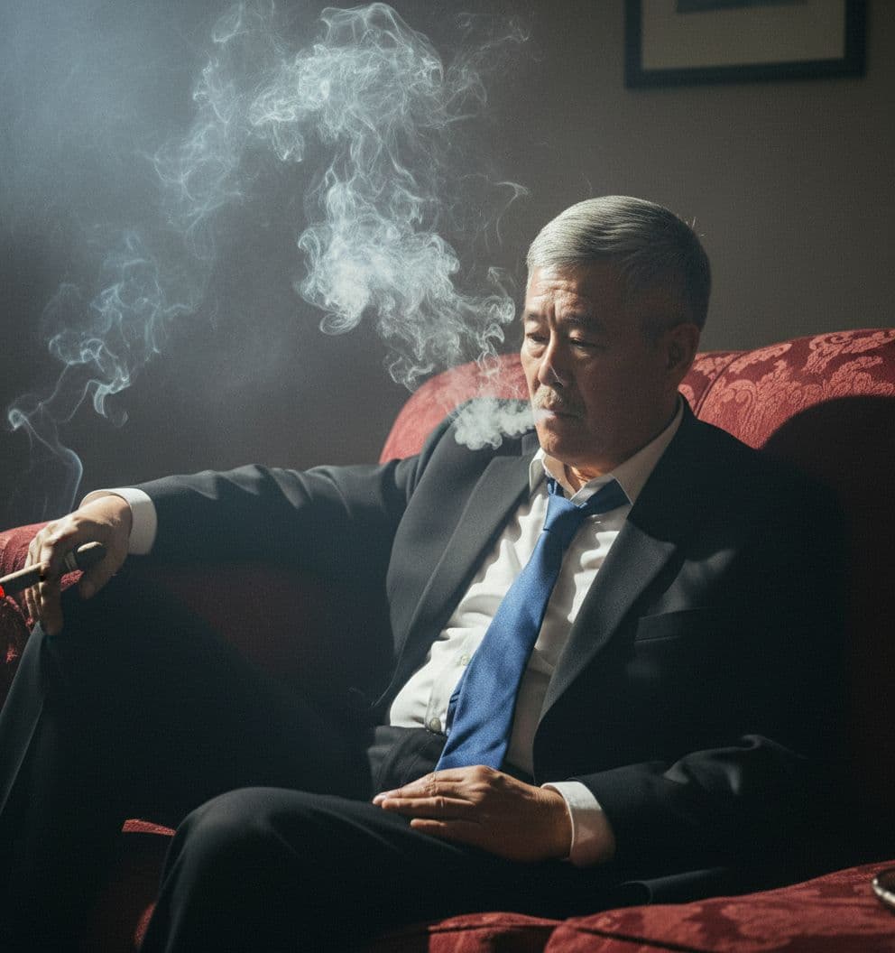 AI generated: The photography, with its dimly lit room and hazy atmosphere, captures the figure of a man lounging ...