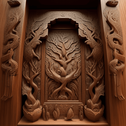 AI generated: Birds in the temple, Wood carving relief sculpture, wildlife carving, Wood grain texture, vivid and ...