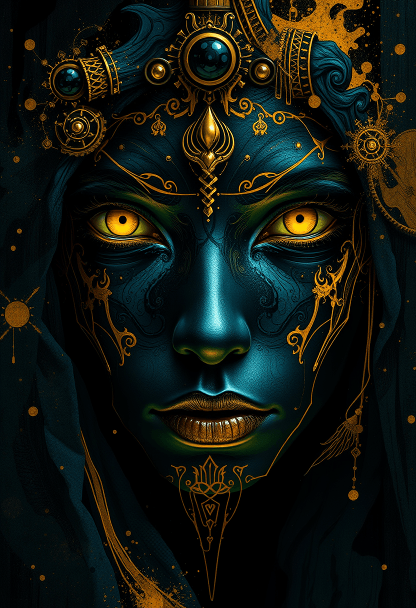 AI generated: Black and gold, a black face with yellow eyes,digital art style.--v 7