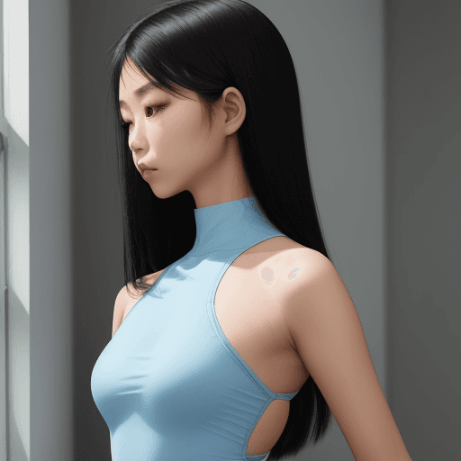 AI generated:  The image features a slim asian girl wearing a light blue leotard long black hair side view
