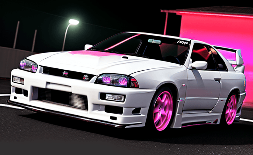 AI generated: white Nissan Skyline R33 GTST with M-sport kit with neon light accents, cinematic view, pinkish red ...