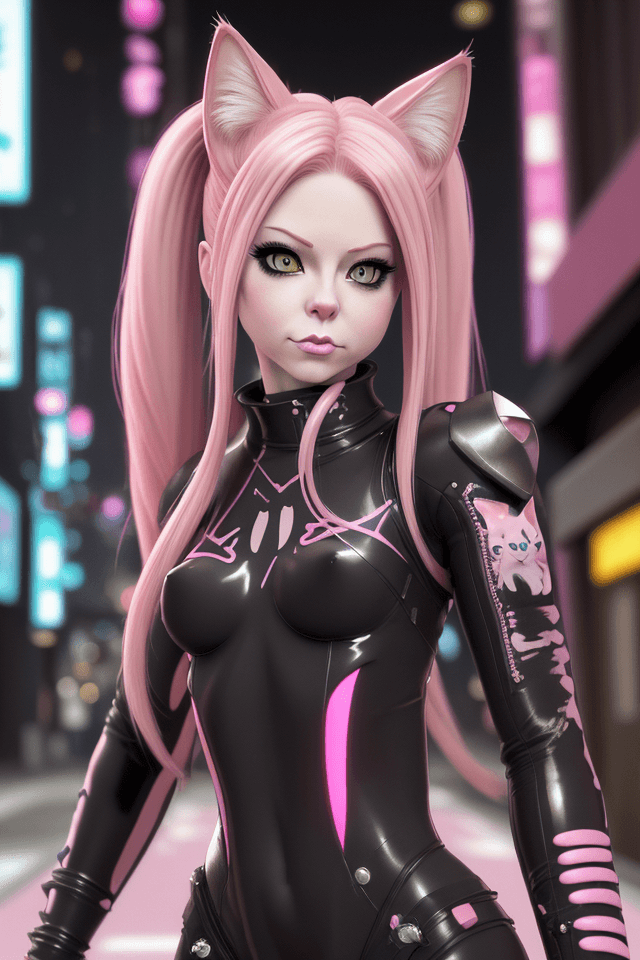AI generated: Closeup Anthro cat Avril Lavigne (ultra-detail) in neo-Tokyo with catlike nose, pink catlike nose, f...