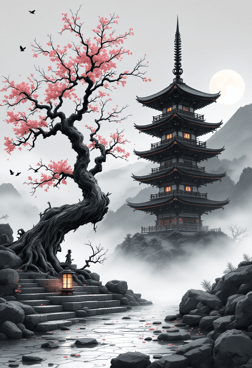 AI generated: A tall, full traditional Japanese pagoda tower, off-center right, fully visible from base to spire, ...