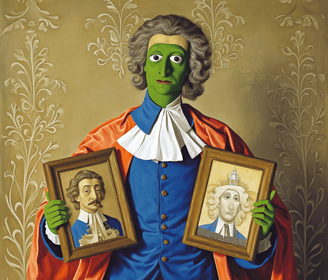 AI generated: the character on the left holding two artwork frames in either hand. retain defining characteristics...