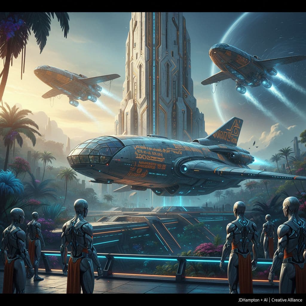 AI generated: 
Futuristic epic adventure, tartaria building in the background with mythological ancient flying sp...