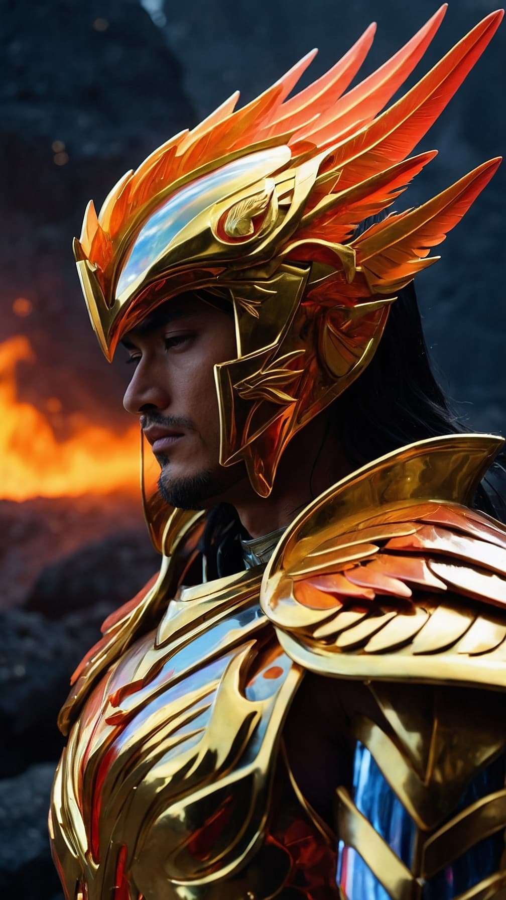 AI generated: Ikki of fénix serious handsome male character black hair, from saint seiya anime series, wearing gol...