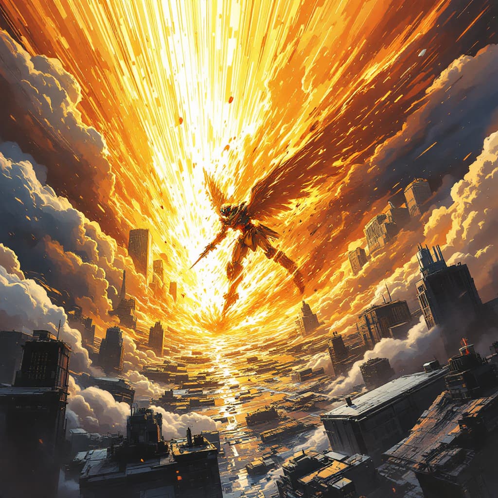 AI generated: negative space of gundam wing destroying a city