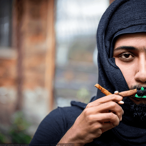 AI generated: muslim using balaclava smoking weed cigar, ultra realistic, 8k, very detailed, shoot with Sony Alpha...