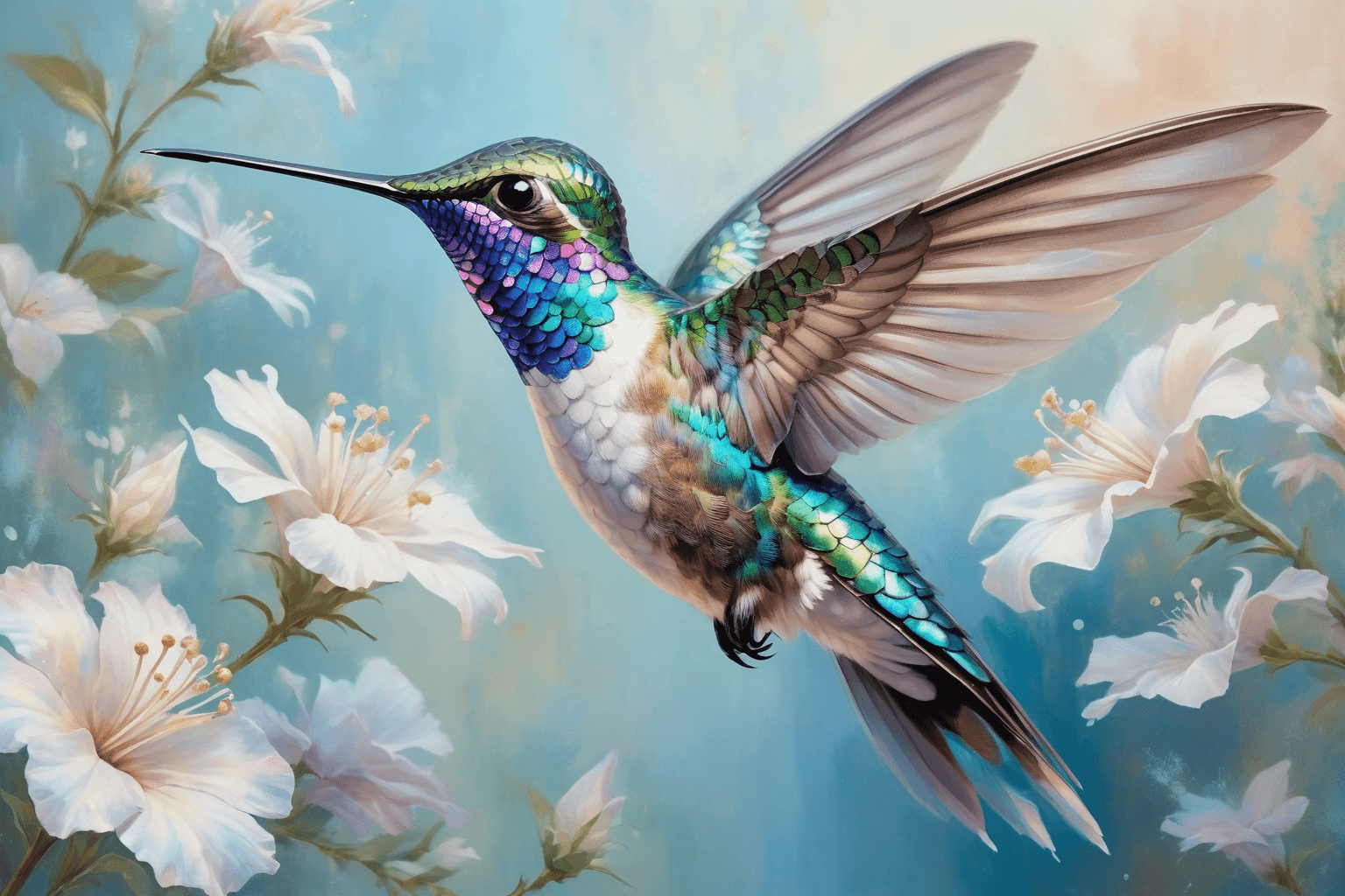 AI generated: A vibrant hummingbird with iridescent feathers is depicted in flight, hovering near some white flowe...