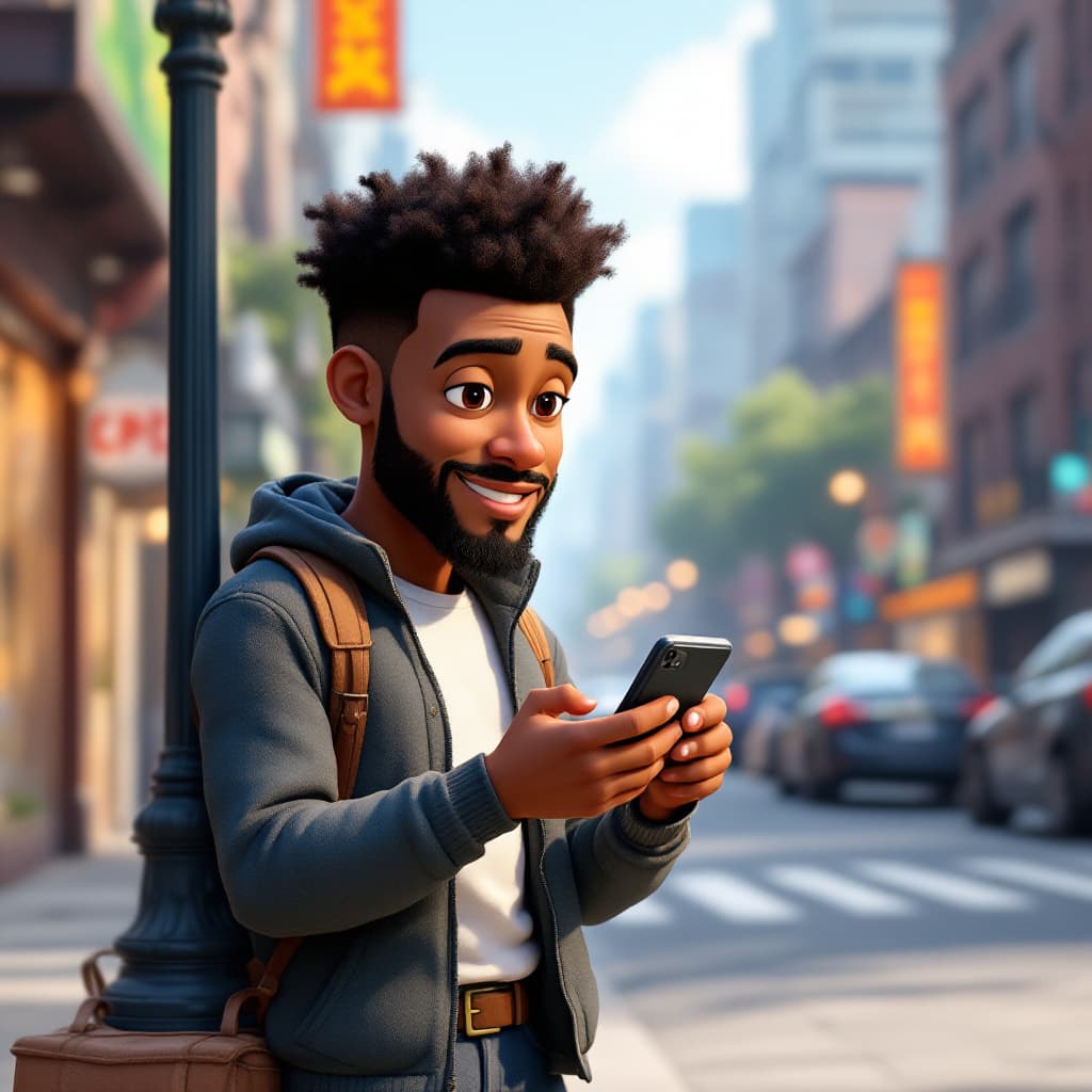 AI generated: A 3D animated cartoon of a multi-racial entrepreneur using their smartphone on a busy street corner,...