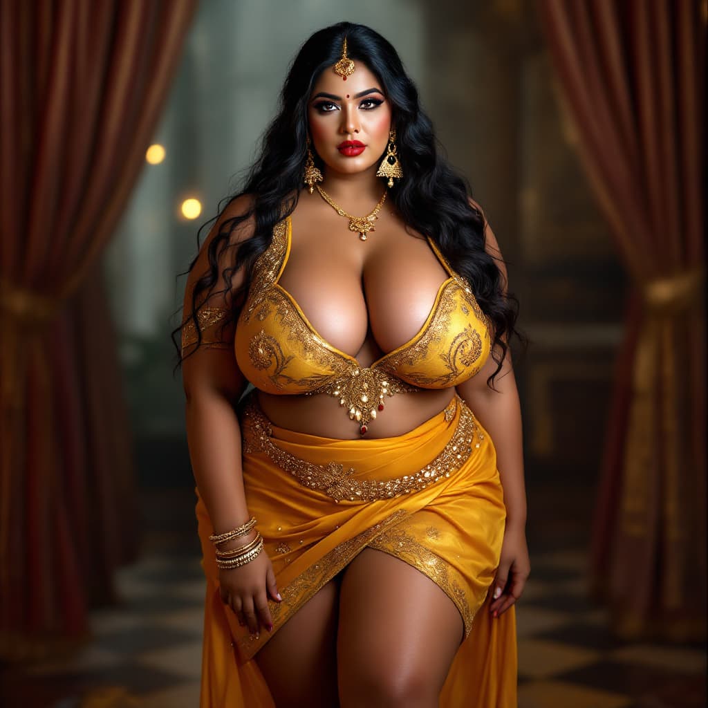 AI generated: Indian bbw, fair skin, curvy, voluptuous, massive breasts, massive cleavage, muscular thighs, muscul...