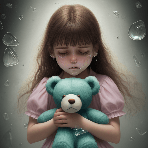 AI generated: A young girl pulling the soul out of her teddy bear, photorealistic, teddy bear crying glass tears, ...