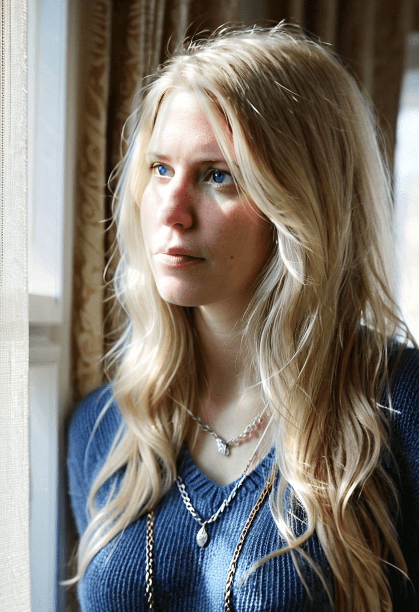 AI generated: This is a photograph of a woman looking out a window over her shoulder. Her long blond hair hangs ov...