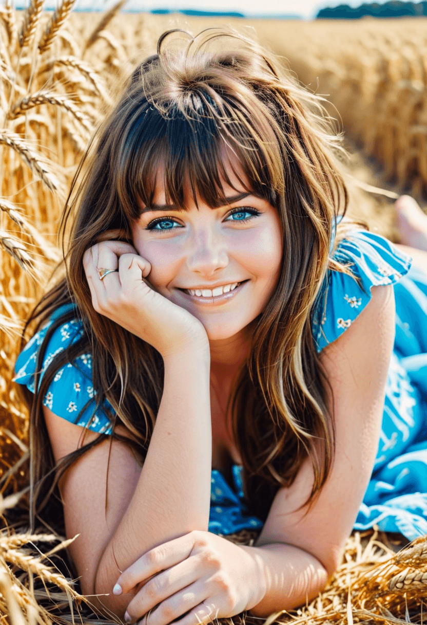 AI generated: analog film photo gorgeous young woman, big beautiful smile, long messy brunette hair with bangs, li...